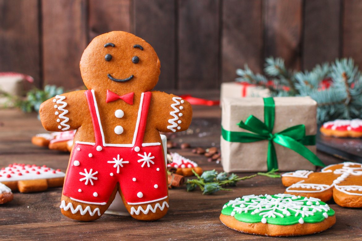 gingerbread, coffee and coffee beans (festive atmosphere christmas) happy new year. top food background. copy space